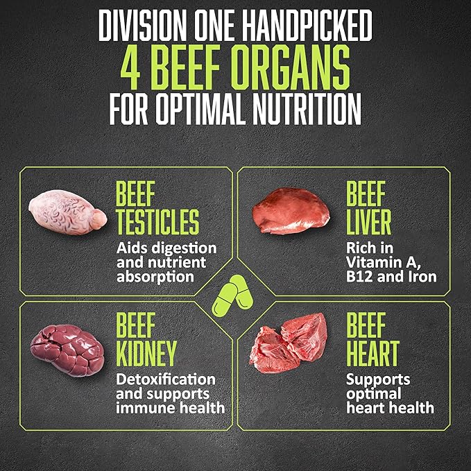 Division One Beef Organ Supplement - Primal Blend with Liver, Heart, Kidney, Beef Liver Supplement Grass Fed, Organ Meat Supplements for Humans, Non-GMO, 120 Caps.