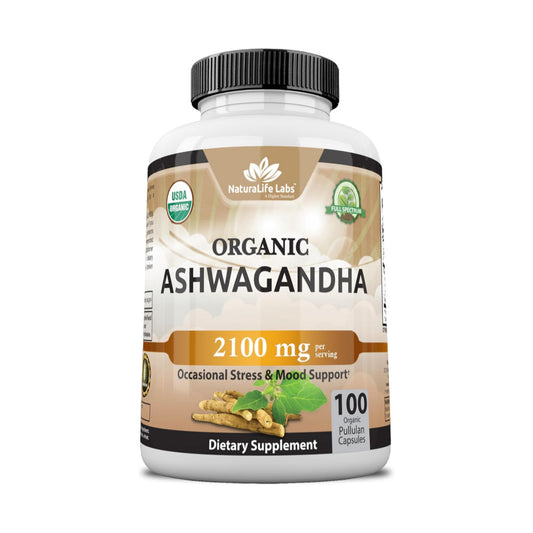 NaturaLife Labs, Organic Ashwagandha 2,100 mg - 100 Veggie Capsules Pure Organic Ashwagandha Powder and Root Extract - Stress Relief, Mood Enhancer