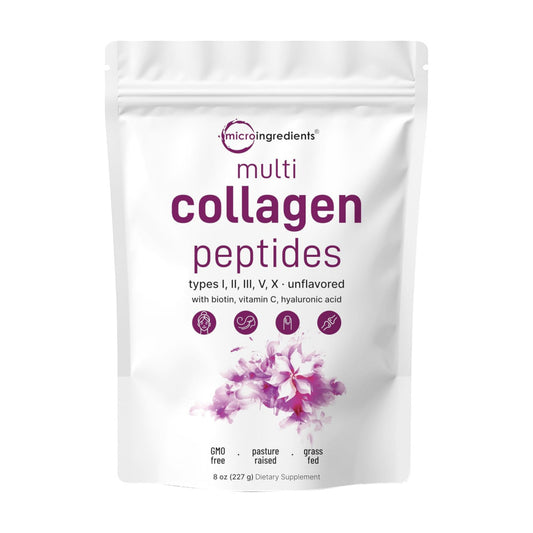Micro Ingredients Multi Collagen Peptides Powder, 8oz | Type I, II, III, V, X + Biotin, Vitamin C & Hyaluronic Acid | Unflavored | Supports Hair, Skin & Joint Health | Keto, Non-GMO