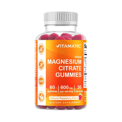 Vitamatic Magnesium Citrate Gummies 600mg per Serving - 60 Vegan Gummies - Promotes Healthy Relaxation, Muscle, Bone, & Energy Support (60 Gummies (Pack of 1))