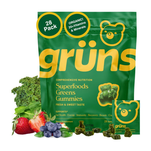 Gruns Adults Super Greens Gummies, Multivitamin Superfood Gummy Bears with Spirulina, Chlorella, Prebiotics & Fiber for Digestive Health, Adaptogens Supplement with 20 Vitamins & Minerals, 28 Count