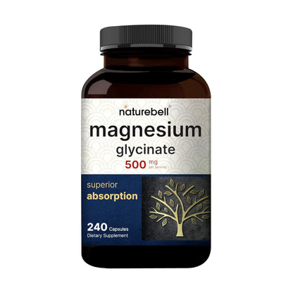 NatureBell Magnesium Glycinate 500mg, 240 Capsules | 100% Chelated & Purified | Sleep, Muscle & Heart Support | 3rd Party Tested, Non-GMO, Gluten-Free