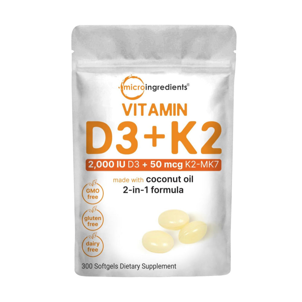 Micro Ingredients Vitamin D3 2,000 IU + K2 MK-7 50 mcg, 300 Softgels | Virgin Coconut Oil | 2-in-1 Bone, Immune & Heart Support | Easy to Swallow, Non-GMO