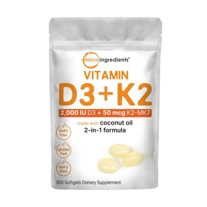 Micro Ingredients Vitamin D3 2,000 IU + K2 MK-7 50 mcg, 300 Softgels | Virgin Coconut Oil | 2-in-1 Bone, Immune & Heart Support | Easy to Swallow, Non-GMO