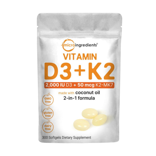 Micro Ingredients Vitamin D3 2,000 IU + K2 MK-7 50 mcg, 300 Softgels | Virgin Coconut Oil | 2-in-1 Bone, Immune & Heart Support | Easy to Swallow, Non-GMO