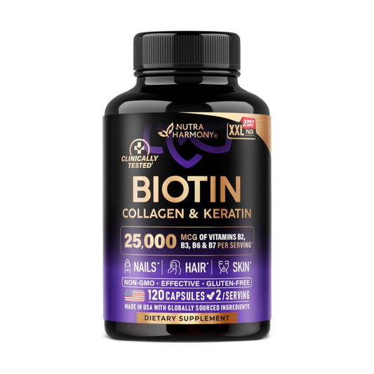 NUTRAHARMONY Biotin | Collagen | Keratin - Clinically Tested Supplement - Hair Growth Support, Skin & Nails - 25000 mcg Vitamins B2, B3, B6 & B7 + B1 & Hyaluronic Acid - Made in USA - Women & Men | 120 Capsules