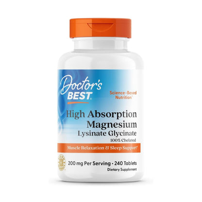 Doctor’s Best High Absorption Magnesium Glycinate Lysinate Supplement - 100% Chelated for Maximum Absorption - Magnesium for Sleep and Muscle Relaxation - 200 Mg Per Serving - 240 Tablets