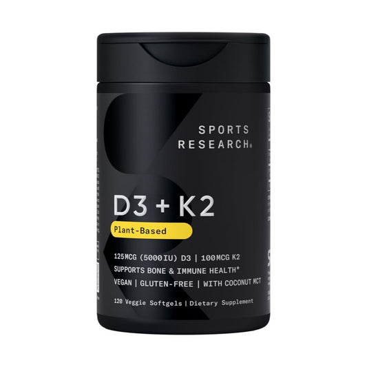 Sports Research Vitamin D3 + K2 with Coconut MCT Oil | Vegan D3 5000 IU with K2 100 mcg for Bone & Immune Health | Vegan Certified, Soy & Gluten Free - 120 Softgels