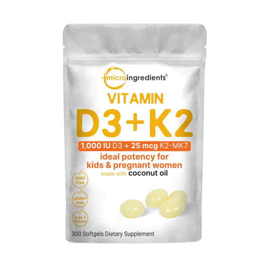Micro Ingredients Vitamin D3 1,000 IU + K2 MK-7 25 mcg, 300 Softgels | Virgin Coconut Oil | 2-in-1 Bone, Immune & Heart Support | Easy to Swallow, Non-GMO