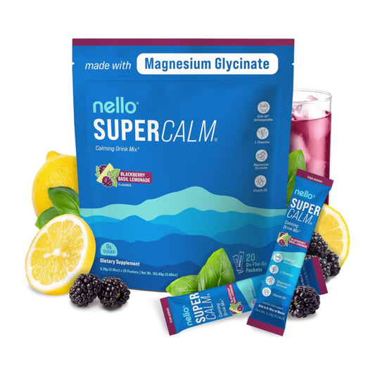 Supercalm Drink Mix -Ashwagandha KSM 66, Magnesium Glycinate & L-Theanine Supplement, Vitamin D3- Ashwagandha Root Extract- Focus and Relaxation Support (20 Travel Packets)- Blackberry Basil Lemonade