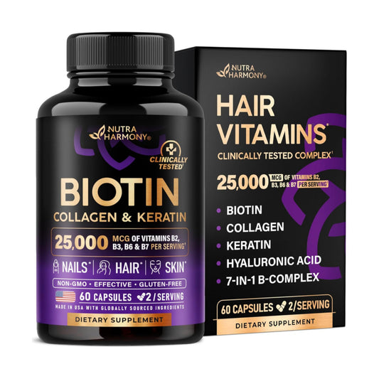 NUTRAHARMONY Biotin | Collagen | Keratin - Clinically Tested Supplement - Hair Growth Support, Skin & Nails - 25000 mcg Vitamins B2, B3, B6 & B7 + B1 & Hyaluronic Acid - Made in USA - Women & Men | 60 Capsules