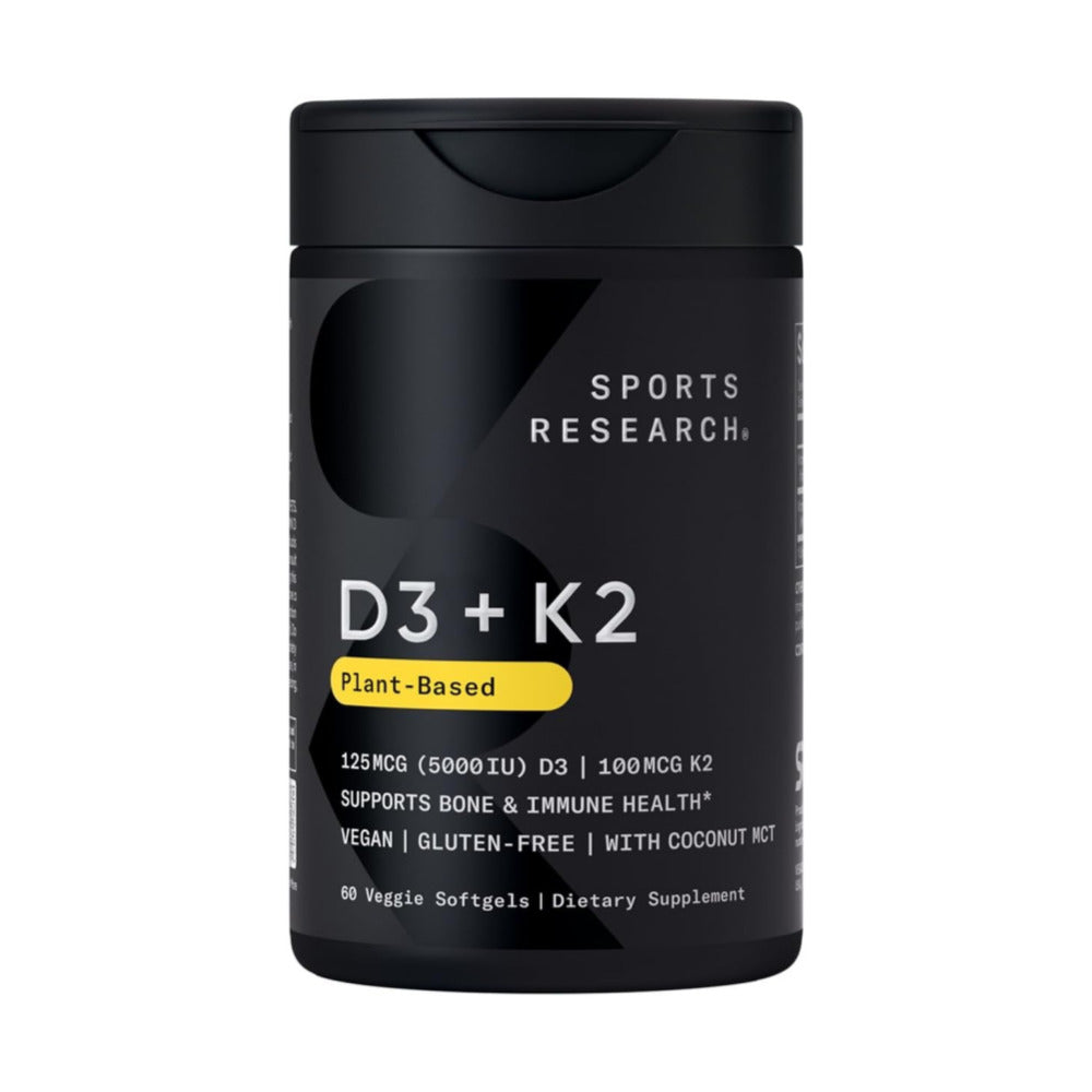 Sports Research Vitamin D3 + K2 w/ Coconut Oil - Vegan Vitamin D 5000iu & Mk7 Vitamin K 100mcg for Bone & Immune Support - Vegan Certified · Non-GMO · Soy Free - 60 Softgels