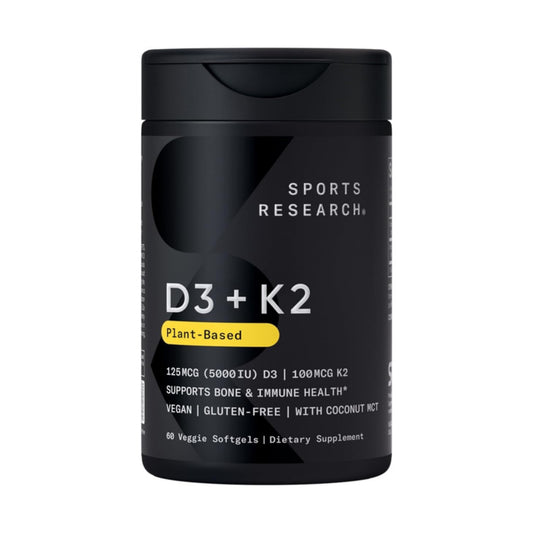 Sports Research Vitamin D3 + K2 w/ Coconut Oil - Vegan Vitamin D 5000iu & Mk7 Vitamin K 100mcg for Bone & Immune Support - Vegan Certified · Non-GMO · Soy Free - 60 Softgels