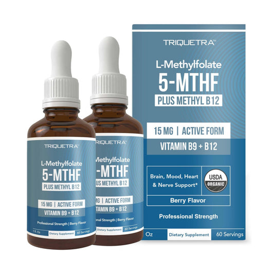 L Methyl Folate 15mg Plus Methyl B12 Cofactor – Organic, Berry Flavor, Professional Strength, Liquid Sublingual, Active 5-MTHF Form - Supports Mood, Homocysteine Methylation, Cognition (1oz -2 Pack)
