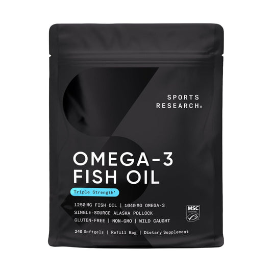 Sports Research Triple Strength Omega 3 Fish Oil - Burpless Fish Oil Supplement w/EPA & DHA Fatty Acids from Wild Alaskan Pollock - Heart, Brain & Immune Support for Men & Women - 1250 mg, 240 ct