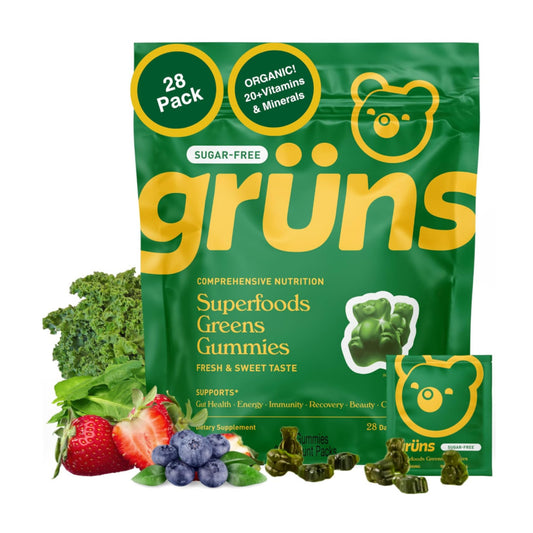 Gruns Adult Sugar-Free Super Greens Gummies, Superfood Gummy Bears with Spirulina, Chlorella, Fiber & Prebiotics for Digestive Health, Adaptogens Supplement with 20 Vitamins & Minerals, 28 Packets