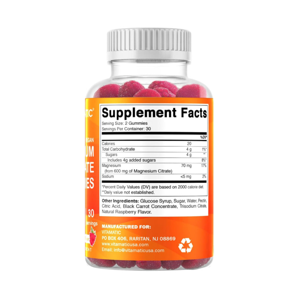 Vitamatic Magnesium Citrate Gummies 600mg per Serving - 60 Vegan Gummies - Promotes Healthy Relaxation, Muscle, Bone, & Energy Support (60 Gummies (Pack of 1))