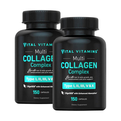 Vital Vitamins Multi Collagen Pills for Women & Men (2-Pack) - Hydrolyzed Collagen Peptides - Type I, II, III, V, X - Grass Fed, Non-GMO
