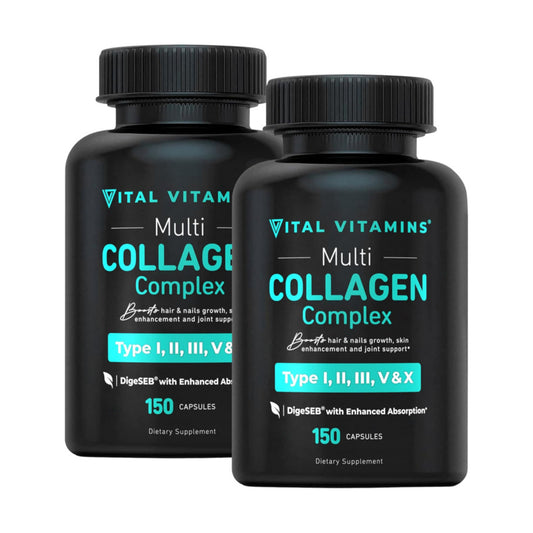 Vital Vitamins Multi Collagen Pills for Women & Men (2-Pack) - Hydrolyzed Collagen Peptides - Type I, II, III, V, X - Grass Fed, Non-GMO