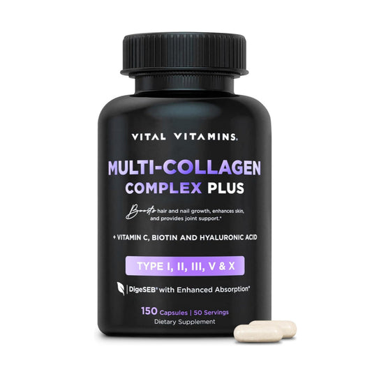 Vital Vitamins Multi Collagen Complex Plus - with Biotin, Hyaluronic Acid, Vitamin C - Type I, II, III, V, X - for Women & Men - Hair, Skin, Nails Beauty Complex - 150 Capsules