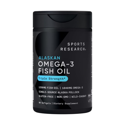 Sports Research Triple Strength Omega 3 Fish Oil - Burpless Fish Oil Supplement w/EPA & DHA Fatty Acids from Single-Source Wild Alaskan Pollock - 1250 mg, 90 ct