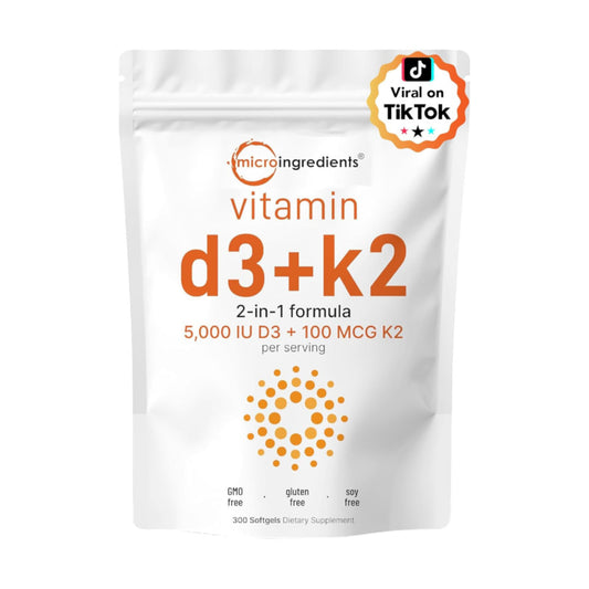 Micro Ingredients Vitamin D3 5,000 IU + K2 MK-7 100 mcg, 300 Softgels | 2-in-1 Bone, Immune & Heart Support | Easy to Swallow, Non-GMO
