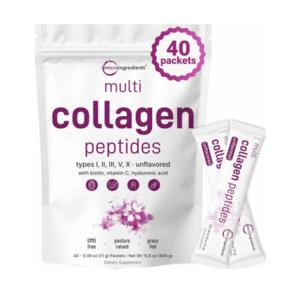 Micro Ingredients Multi Collagen Peptides Powder, 40 Stick Packs | Type I, II, III, V, X + Biotin, Vitamin C & Hyaluronic Acid | Unflavored | Supports Hair, Skin & Joint Health | Keto, Non-GMO