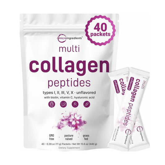 Micro Ingredients Multi Collagen Peptides Powder, 40 Stick Packs | Type I, II, III, V, X + Biotin, Vitamin C & Hyaluronic Acid | Unflavored | Supports Hair, Skin & Joint Health | Keto, Non-GMO