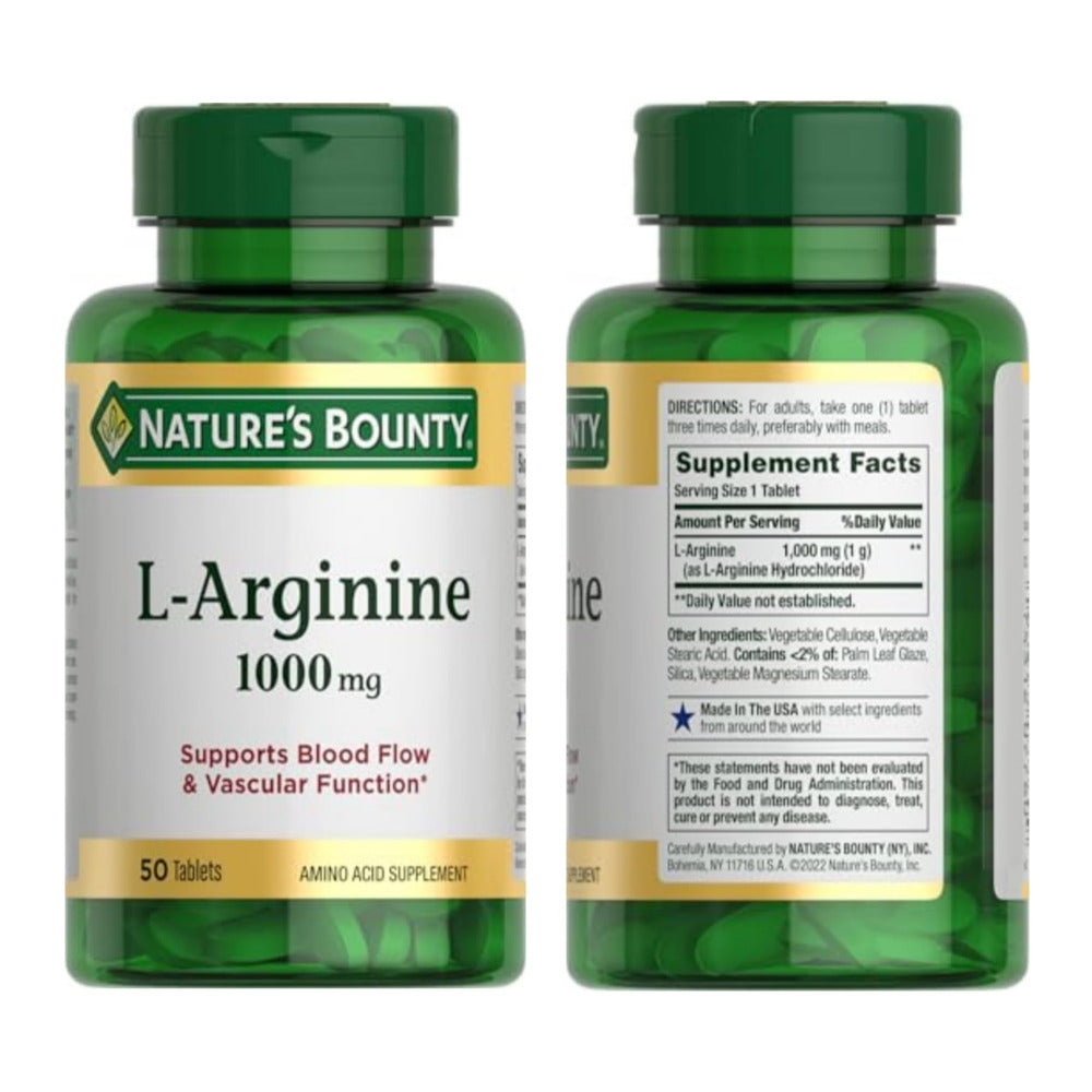 Nature’s Bounty L-Arginine 1000mg for Supporting Blood Flow and Vascular Function – Non-GMO, Gluten Free, 50 Tablets