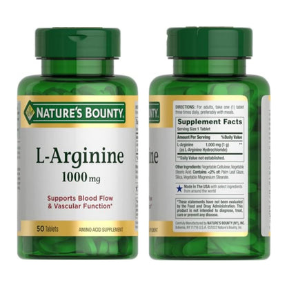 Nature’s Bounty L-Arginine 1000mg for Supporting Blood Flow and Vascular Function – Non-GMO, Gluten Free, 50 Tablets