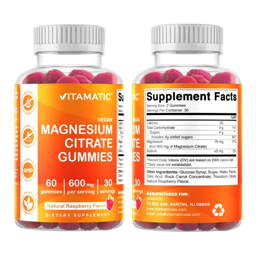 Vitamatic Magnesium Citrate Gummies 600mg per Serving - 60 Vegan Gummies - Promotes Healthy Relaxation, Muscle, Bone, & Energy Support (60 Gummies (Pack of 1))