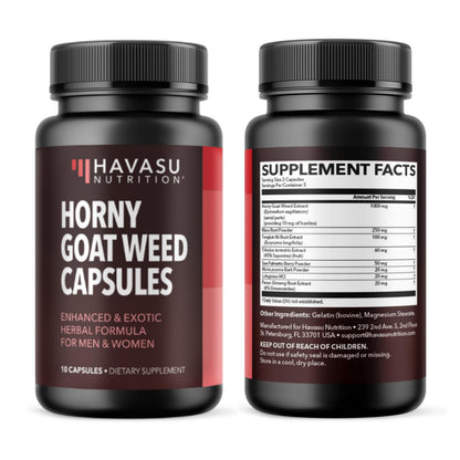 Unisex Horny Goat Weed for Men and Women - Extra Strength Performance and Energy Support with Tongkat Ali & Muira Puama & Saw Palmetto Extract - Never Travel Without Sample Size - 10 Horny Capsules
