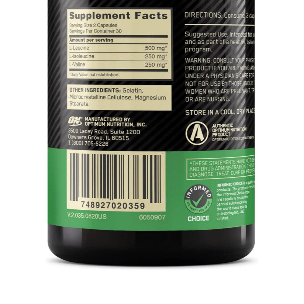 Optimum Nutrition Instantized BCAA Capsules, Keto Friendly Branched Chain Essential Amino Acids, 1000mg, 60 Count