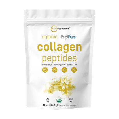 Micro Ingredients Collagen Peptides Powder Organic, 12oz | Type I & III + Natural Protein | Grass-Fed Bovine Source | Unflavored | Supports Skin, Joint & Bone Health | Paleo, Non-GMO