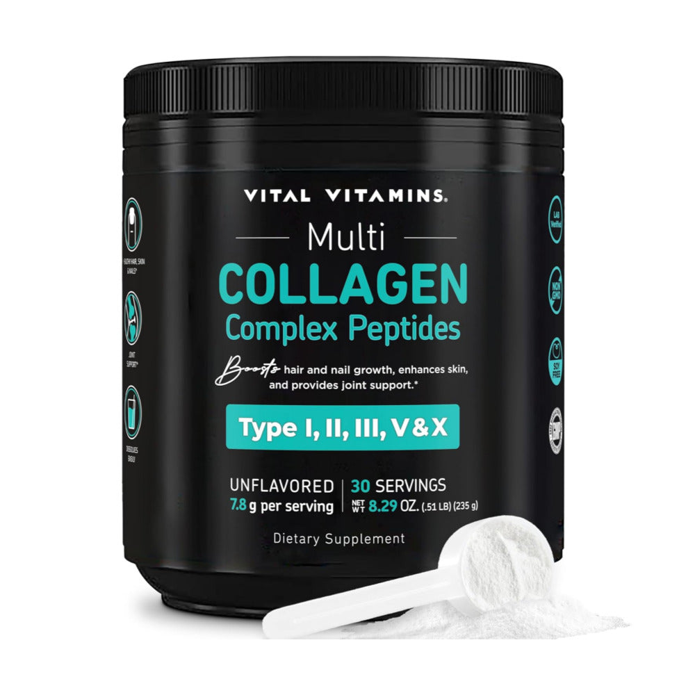 Vital Vitamins Multi Collagen Peptides Powder - Unflavored, Easy to Dissolve - Type I, II, III, V, X - for Women & Men - Promotes Hair, Skin, Nails, & Joint Health - 30 Servings
