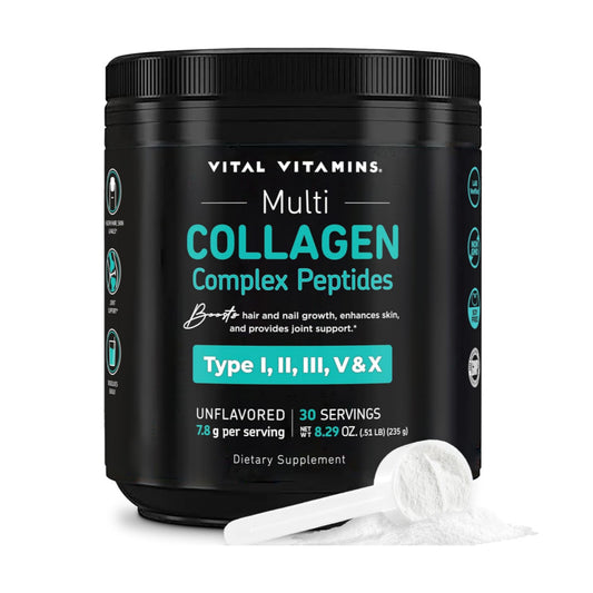 Vital Vitamins Multi Collagen Peptides Powder - Unflavored, Easy to Dissolve - Type I, II, III, V, X - for Women & Men - Promotes Hair, Skin, Nails, & Joint Health - 30 Servings