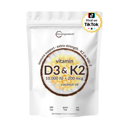 Micro Ingredients Vitamin D3 10,000 IU + K2 MK-7 200 mcg, 300 Softgels | Virgin Coconut Oil | 2-in-1 Bone, Immune & Heart Support | Easy to Swallow, Non-GMO
