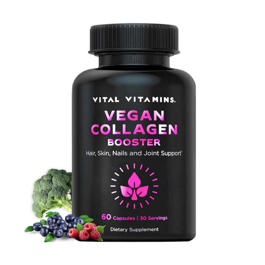 Vital Vitamins Vegan Collagen Booster - Plant-Based Collagen Supplements - Supports Hair, Skin, Nails & Joints - with Hyaluronic Acid - 60 Capsules