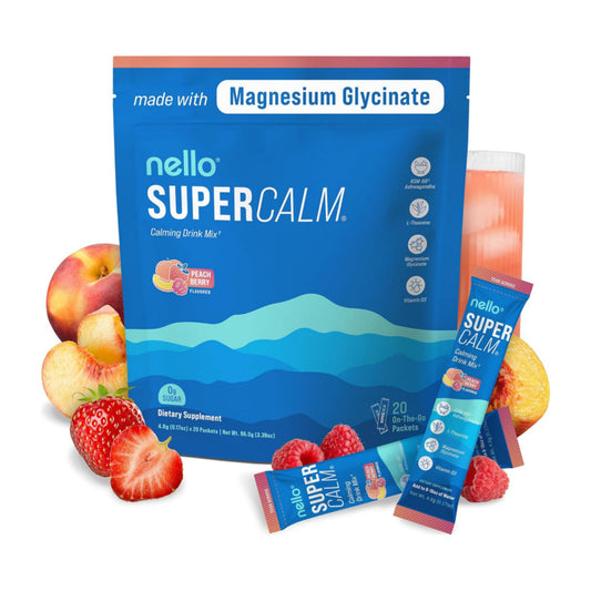 Supercalm Drink Mix - Ashwagandha KSM 66, Magnesium Glycinate & L-Theanine Supplement - Ashwagandha Root Extract - Focus and Relaxation Support (20 Travel Packets) - Peach Berry