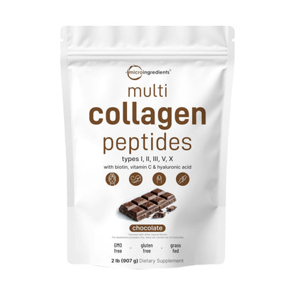 Micro Ingredients Multi Collagen Peptides Powder, 2lb | Type I, II, III, V, X + Biotin, Vitamin C & Hyaluronic Acid | Chocolate Flavor | Supports Hair, Skin & Joint Health | Keto, Non-GMO