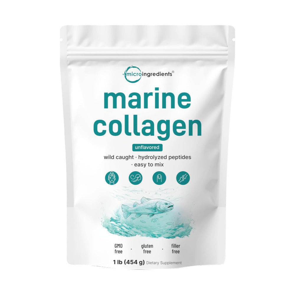 Micro Ingredients Marine Collagen Peptides Powder, 1 lb | Type I Marine Collagen + Natural Protein | Wild-Caught Fish Source | Unflavored | Supports Hair, Skin & Joint Health | Pescatarian, Non-GMO