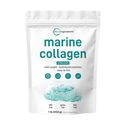 Micro Ingredients Marine Collagen Peptides Powder, 1 lb | Type I Marine Collagen + Natural Protein | Wild-Caught Fish Source | Unflavored | Supports Hair, Skin & Joint Health | Pescatarian, Non-GMO
