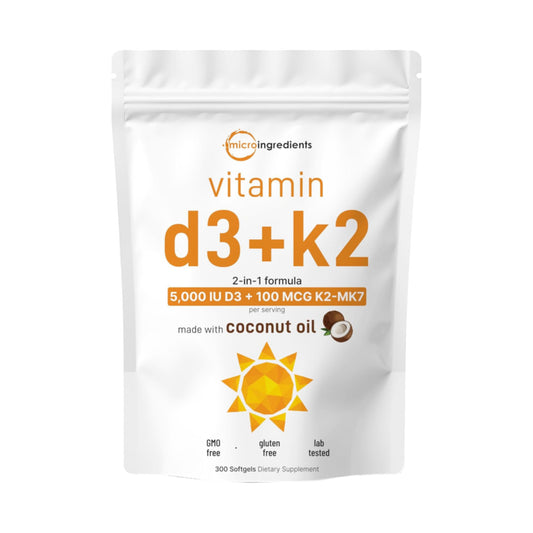 Micro Ingredients Vitamin D3 5,000 IU + K2 MK-7 100 mcg, 300 Softgels | Virgin Coconut Oil | 2-in-1 Bone, Immune & Heart Support | Easy to Swallow, Non-GMO
