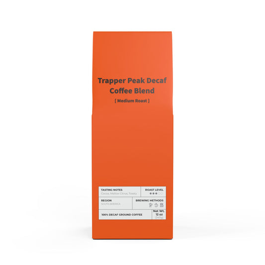 HBS, Trapper Peak Decaf Coffee Blend (Medium Roast), Tangerine Package