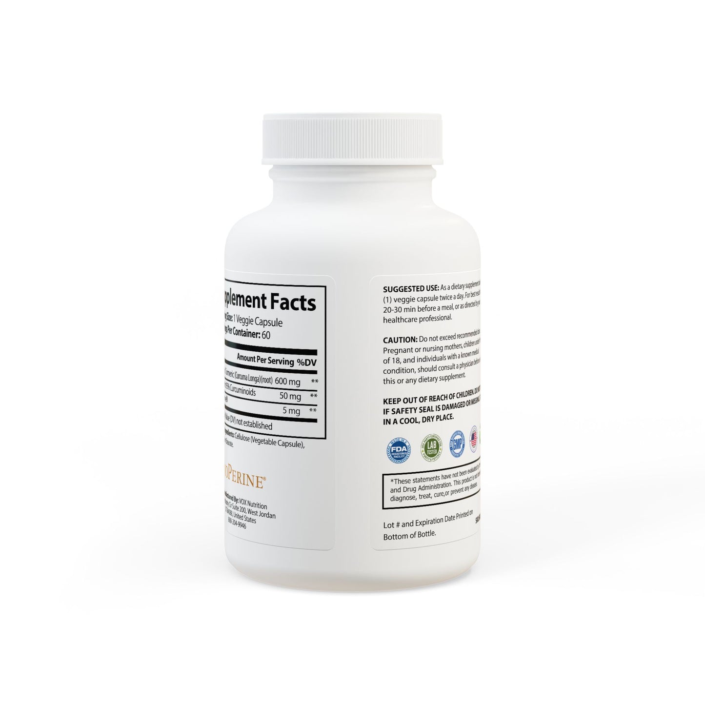 HBS, Turmeric with BioPerine® (Black Pepper Fruit Extract) Supplement (60 Vegetable Capsules)
