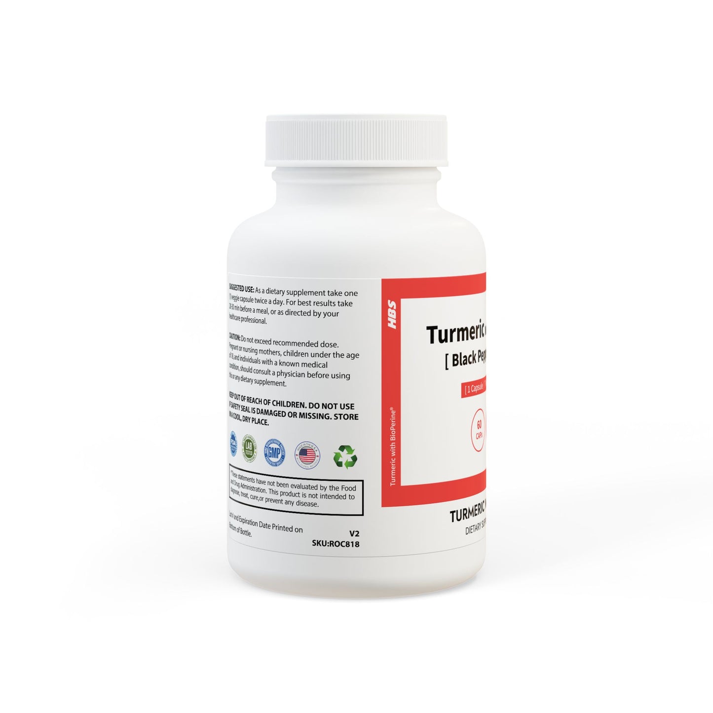 HBS, Turmeric with BioPerine® (Black Pepper Fruit Extract) Supplement (60 Vegetable Capsules)