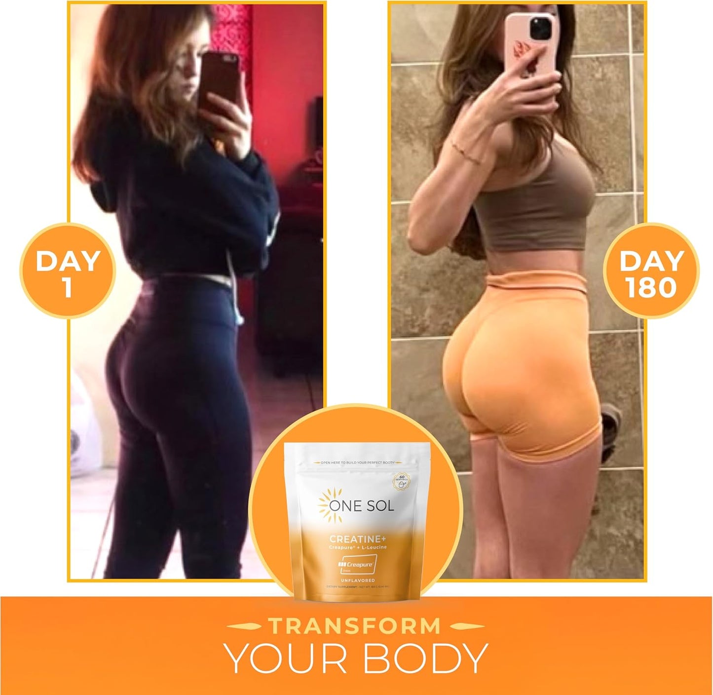 One Sol Creatine for Women Booty Gain, All Natural Women’s Creatine Powder w Creapure & Leucine, Increase Lean Muscle Mass, Reduce Recovery Time, Promotes Brain & Bone Health (Unflavored, 60 Servings)