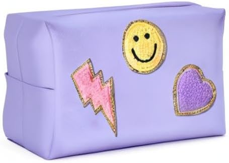 LieToi Preppy Patch Cosmetic Toiletry Bag, PU Leather Portable Waterproof Makeup Bag Smile Lightning Heart Organizer Compliant Bag Daily Travel Use Storage Purse for Women Girls (Large, Taro Purple)
