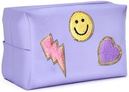 LieToi Preppy Patch Cosmetic Toiletry Bag, PU Leather Portable Waterproof Makeup Bag Smile Lightning Heart Organizer Compliant Bag Daily Travel Use Storage Purse for Women Girls (Large, Taro Purple)