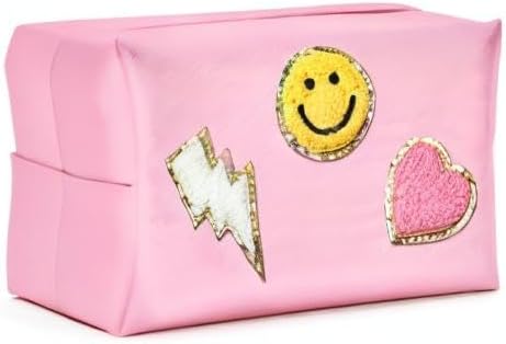 LieToi Preppy Patch Cosmetic Toiletry Bag, PU Leather Portable Waterproof Makeup Bag Smile Lightning Heart Organizer Compliant Bag Daily Travel Use Storage Purse for Women Girls (Large, Pink)